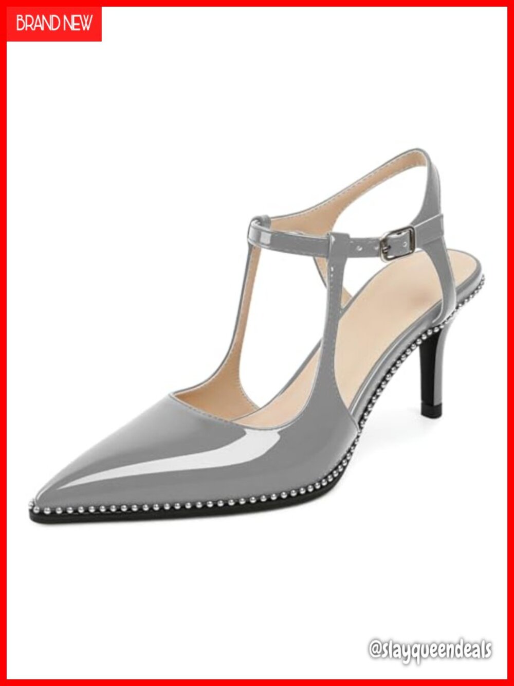 Faux Leather Kitten Heel Slingback Pointed Toe Ankle Strap Beaded Pumps 2.5 Inch